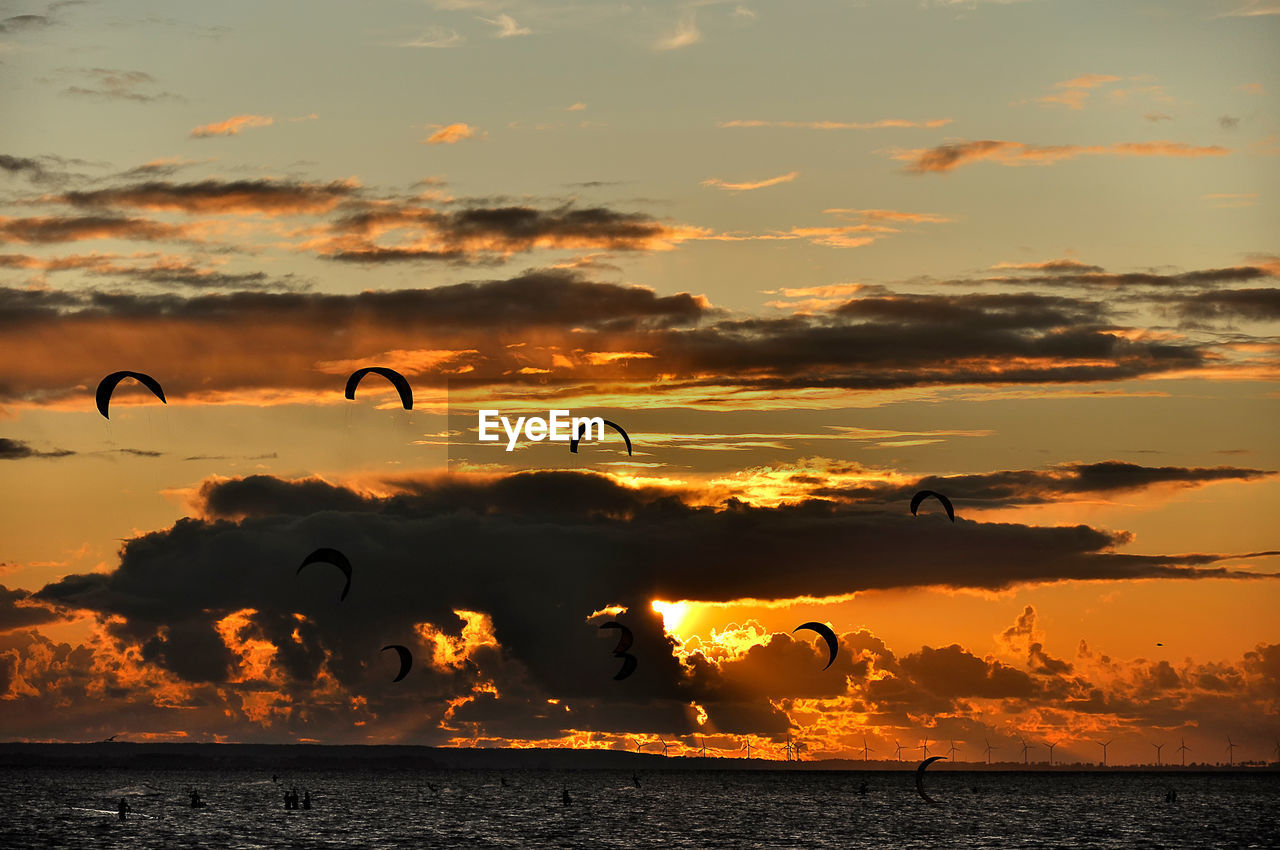 SILHOUETTE BIRDS FLYING OVER SEA AGAINST SKY