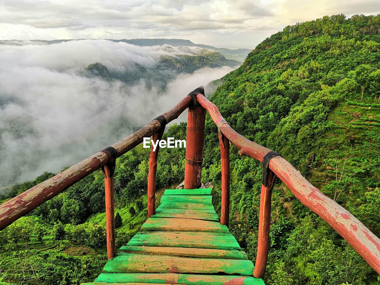 FOOTBRIDGE AMIDST TREES AGAINST SKY