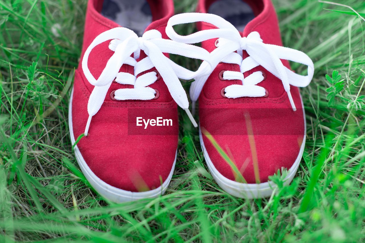 Close-up of red shoes on grassy field
