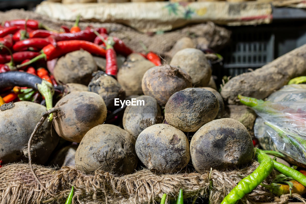 Fresh beetroots at vegetable store for sale at evening