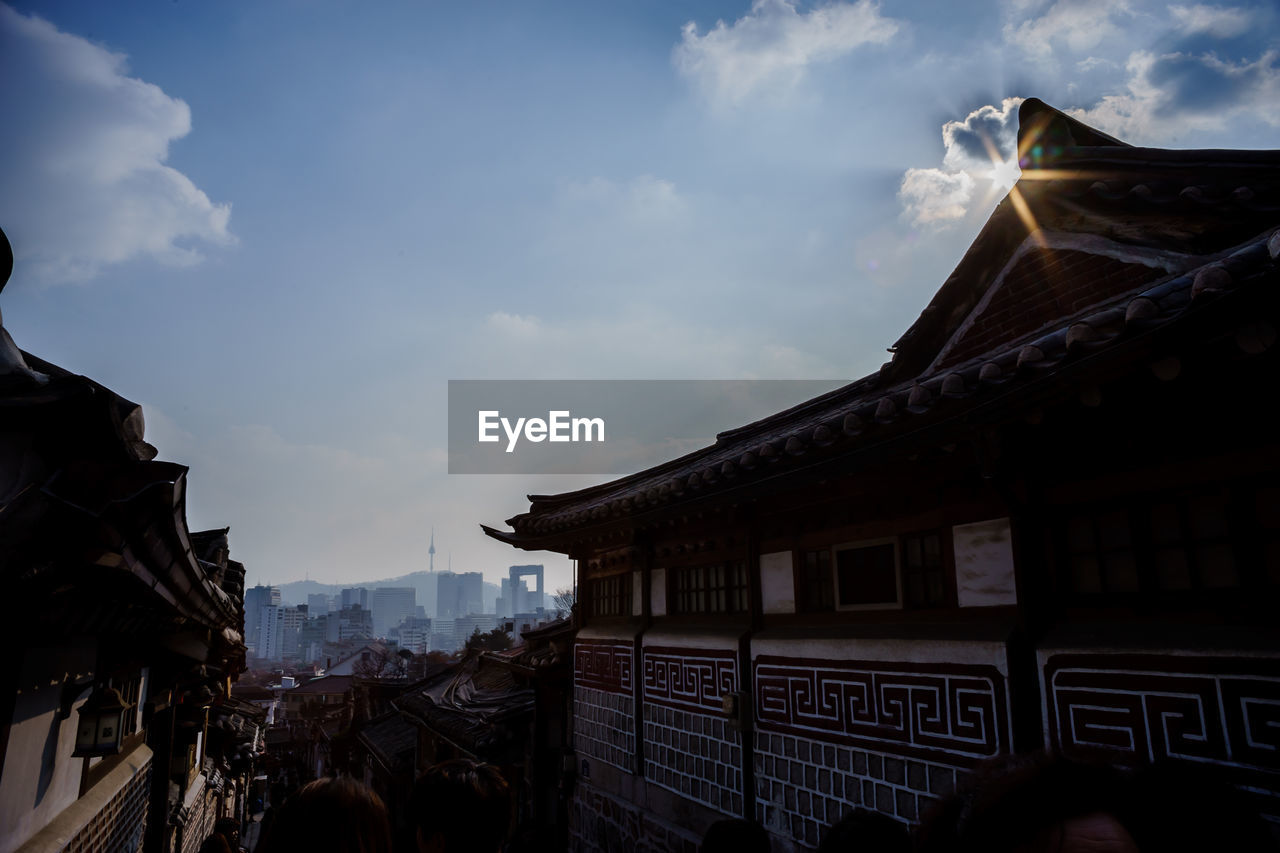Low angle view of building against sky at bukchon hanok village