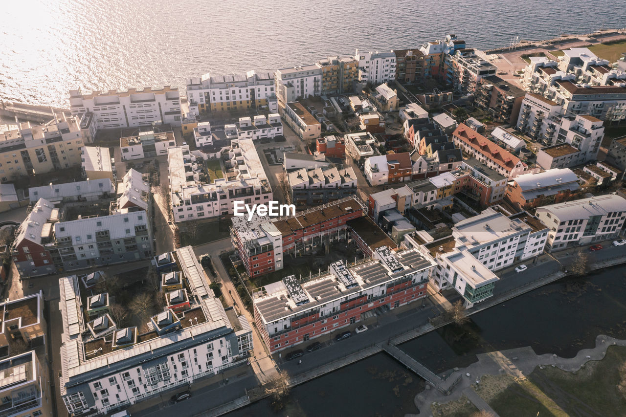 Aerial view of residential buildings on sea coast