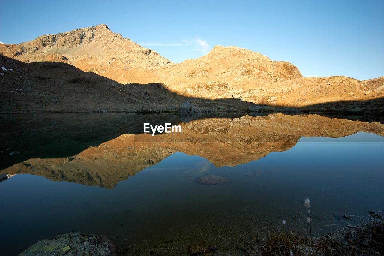 Scenic view of lake and mountains against blue sky