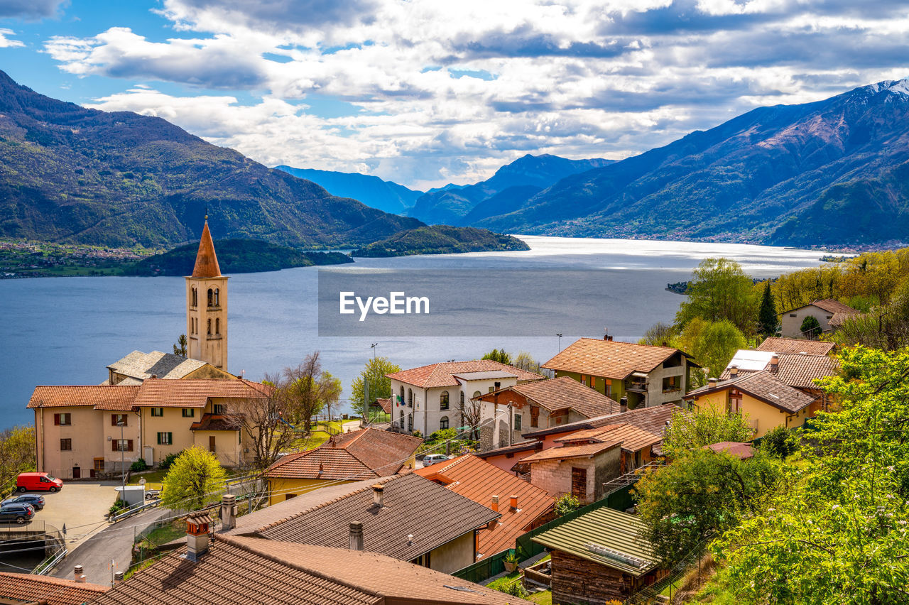 Lake como, photographed from gera lario. view of the villages and mountains of the upper lake.