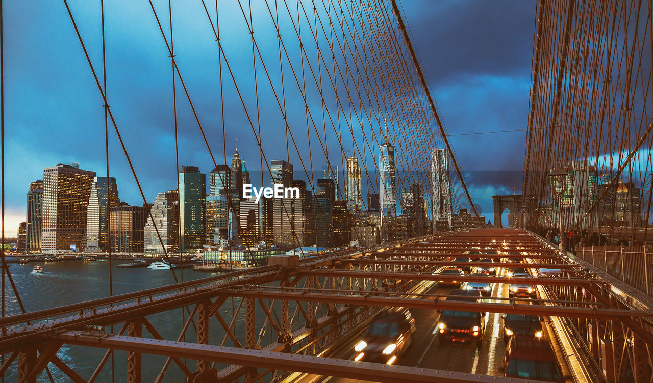 View of suspension bridge against cloudy sky