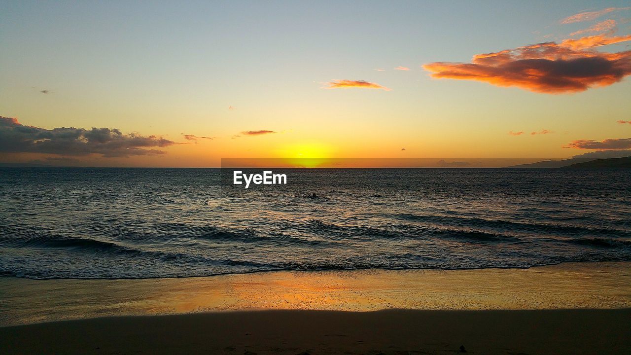 Scenic view of beach against sky during sunset