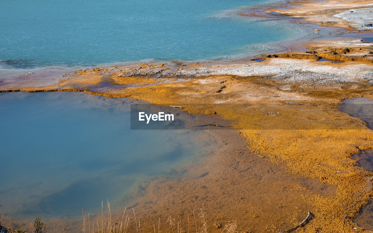 Close-up view of black opal pool amidst geothermal landscape at yellowstone park