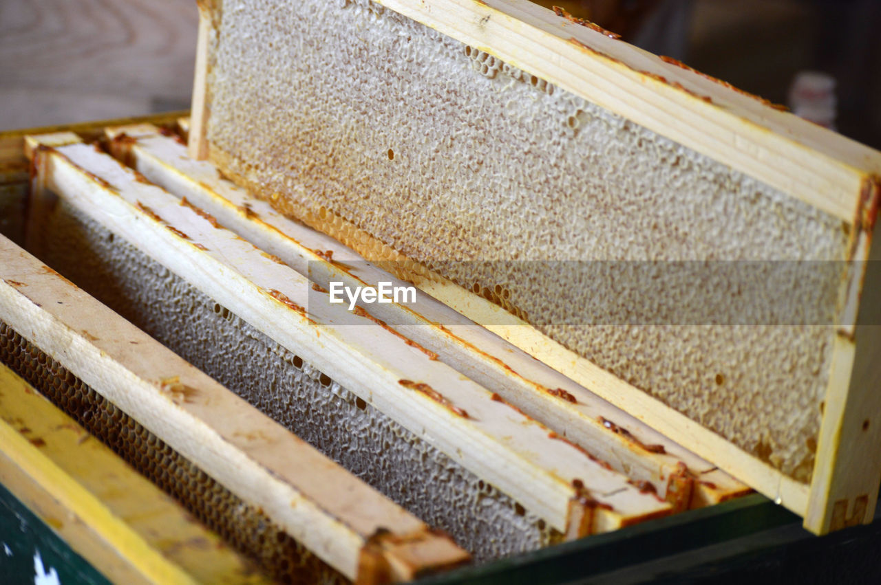 High angle view of beehives