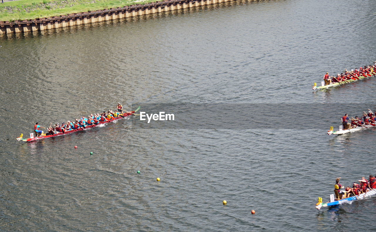 High angle view of people in boat on river