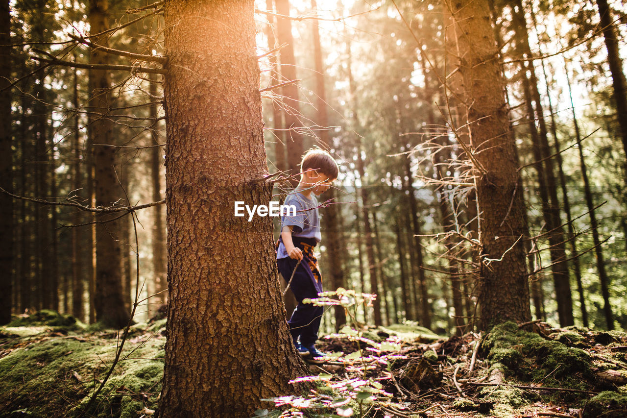 Side view of boy walking by trees in forest