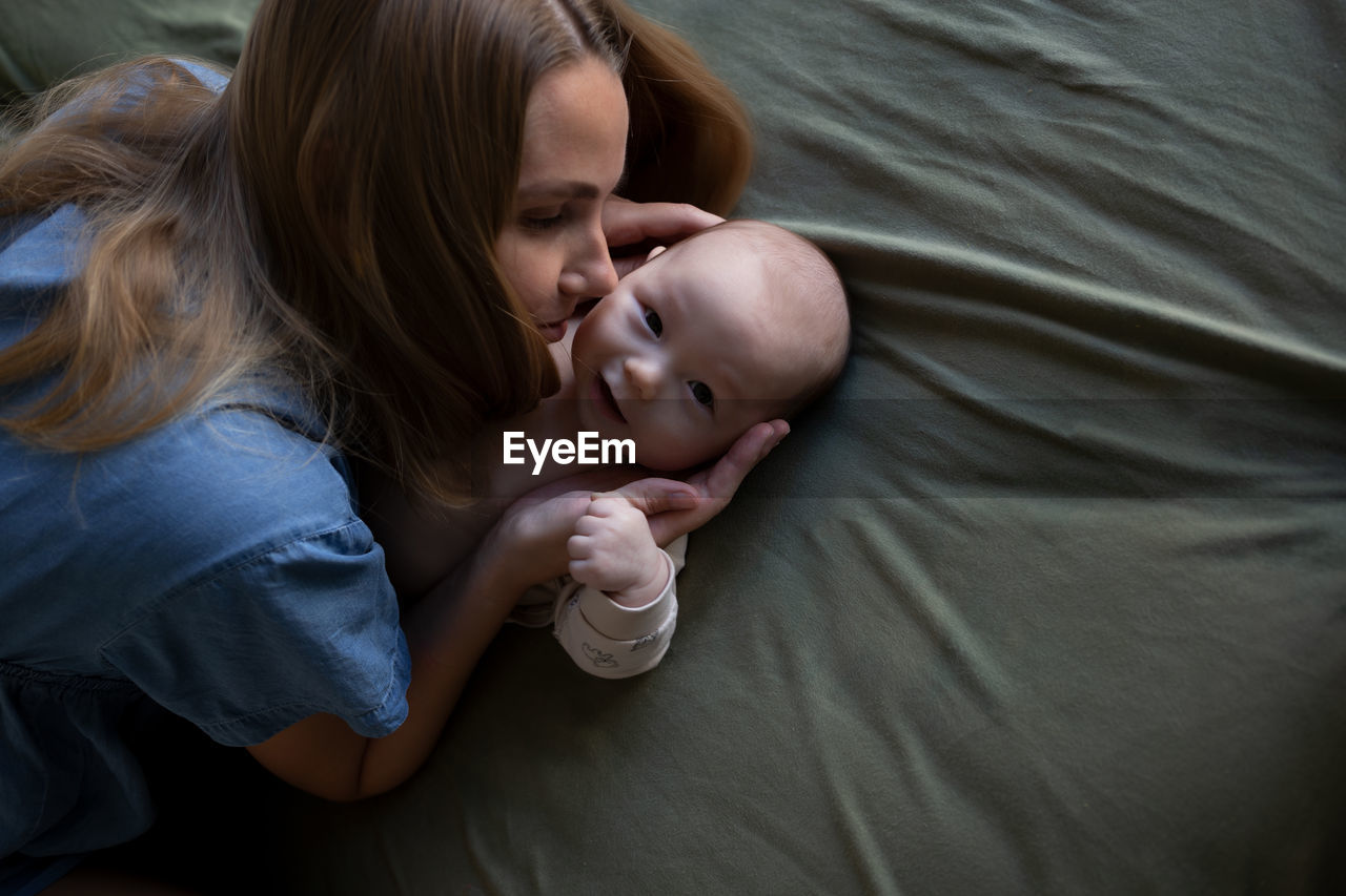 high angle view of mother and daughter