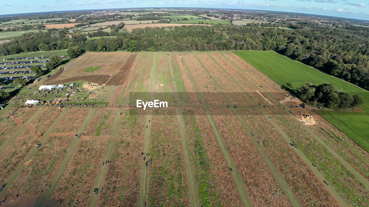 landscape, field, plain, environment, aerial photography, agriculture, land, rural scene, scenics - nature, farm, plant, nature, aerial view, growth, beauty in nature, sky, high angle view, no people, day, tranquil scene, crop, tranquility, bird's-eye view, soil, rural area, outdoors, plateau, green, hill, horizon, tree, food and drink, patchwork landscape, idyllic, non-urban scene, food, grassland, architecture