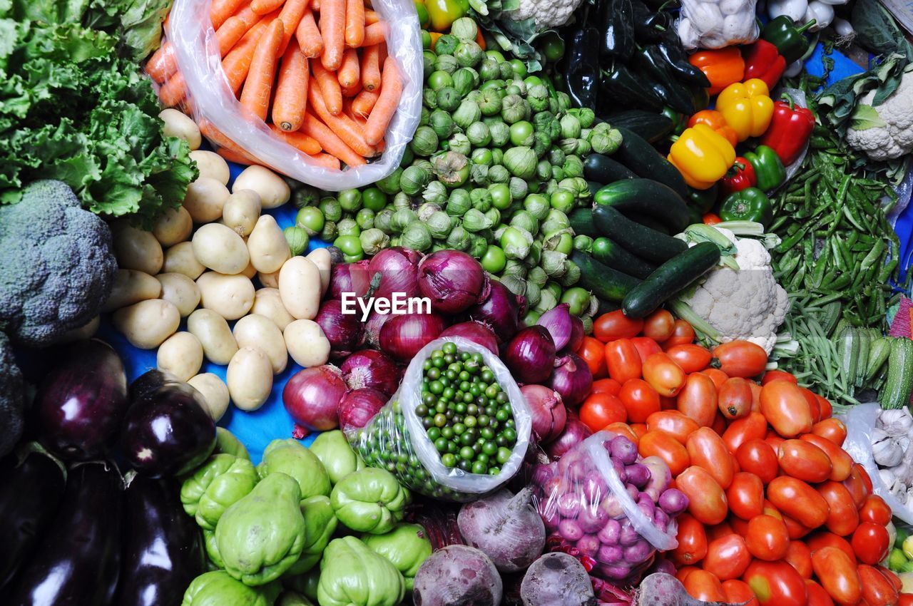 High angle view of vegetables for sale at market stall