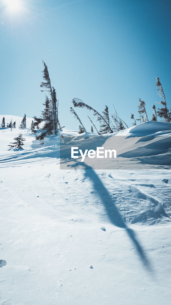 Snow covered land against clear blue sky