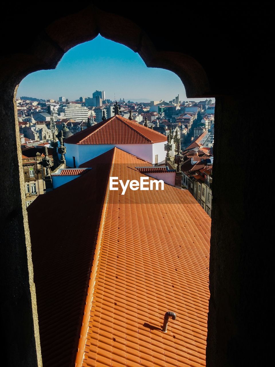 High angle view of houses seen through window