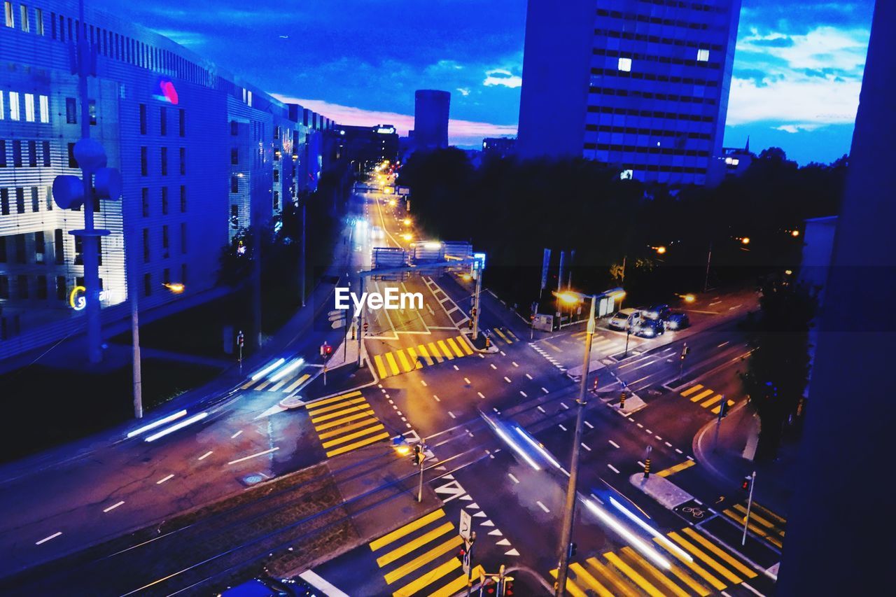 High angle view of city street at dusk