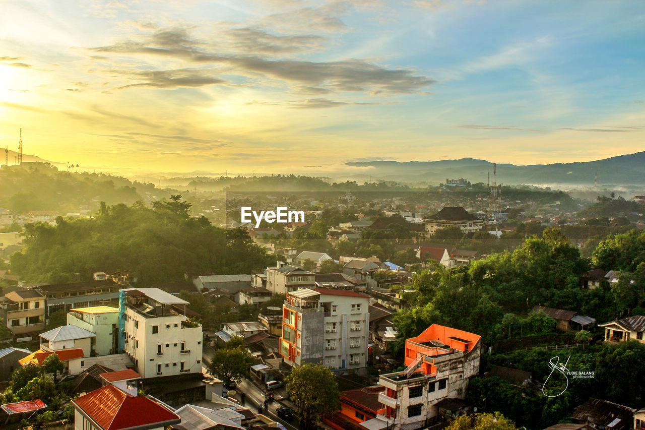 High angle view of cityscape against sky