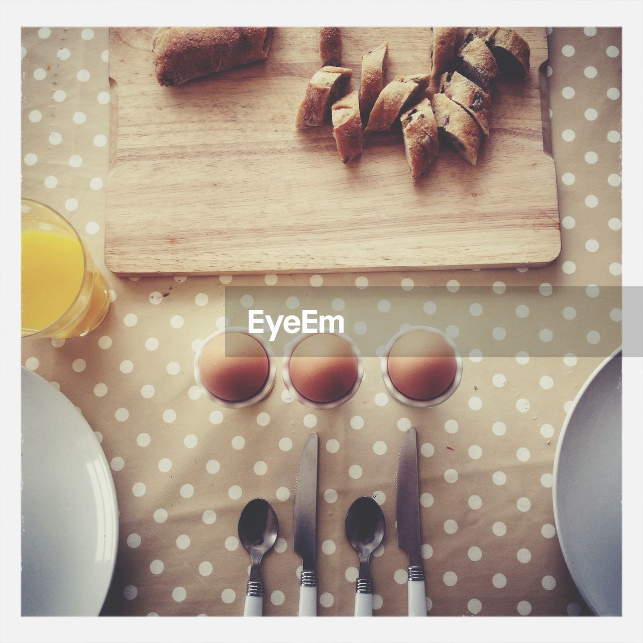 Overhead view of breakfast on table