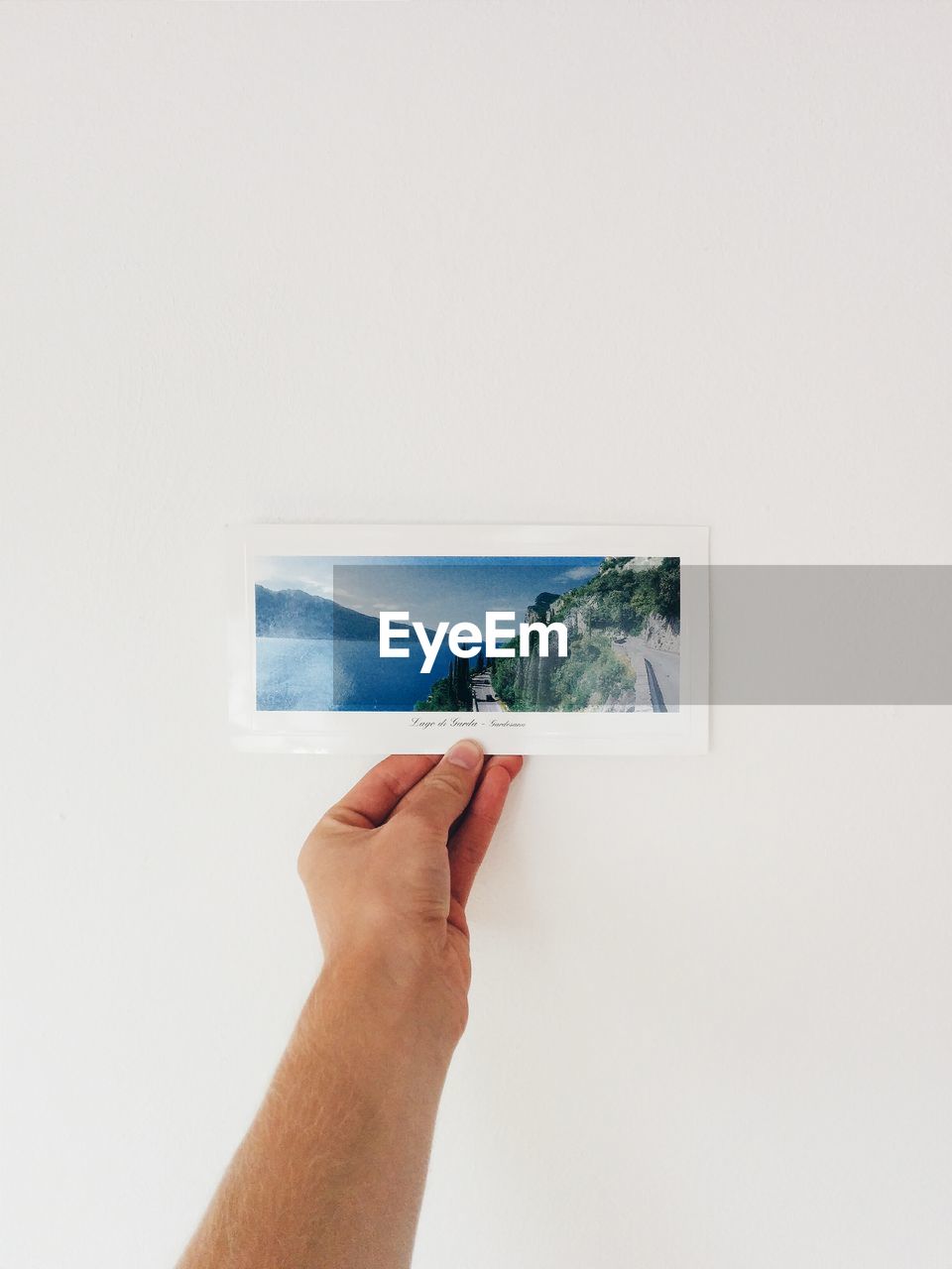 Hand holding photograph against white background