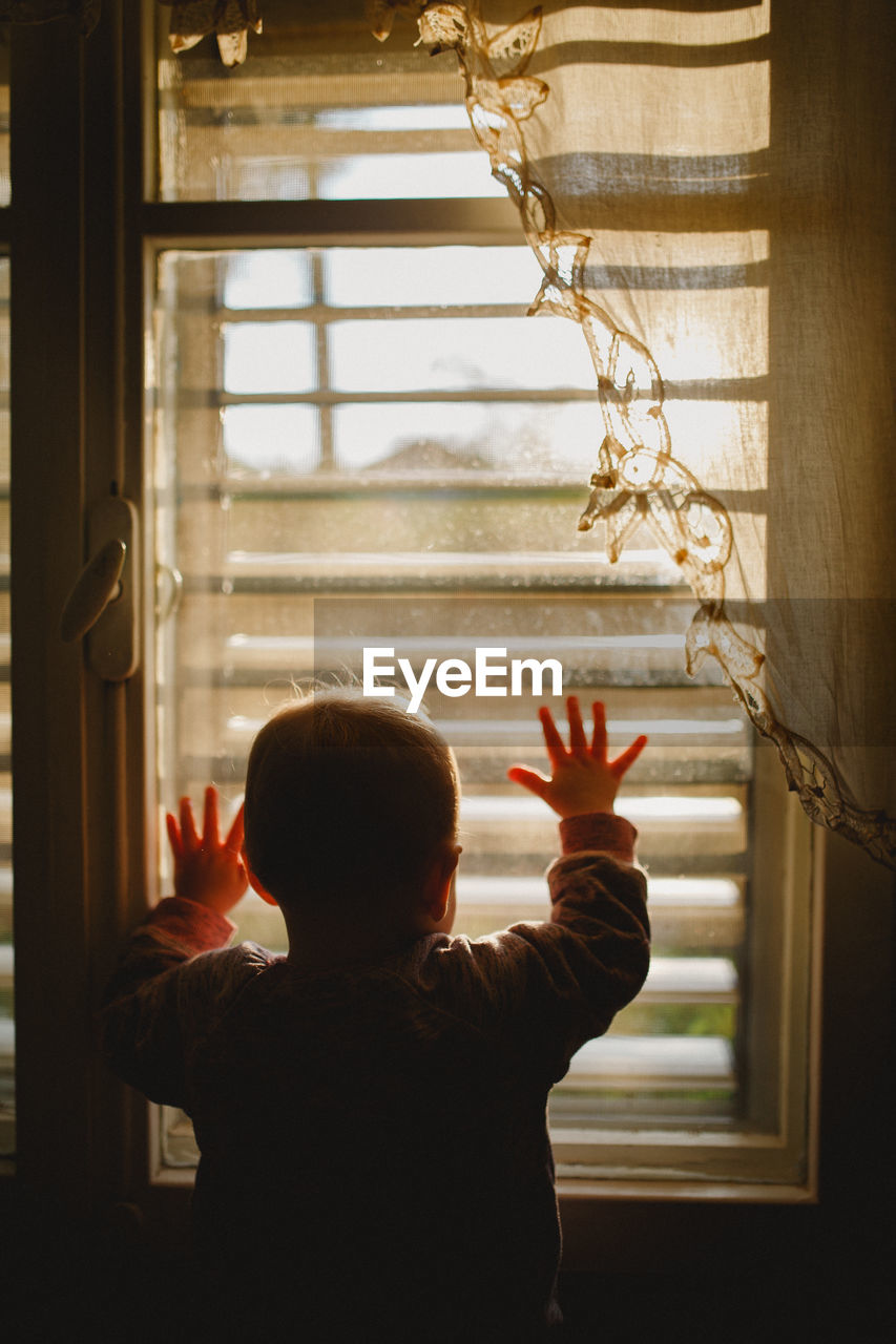 A baby looking through a window covered with lace curtain in sunset