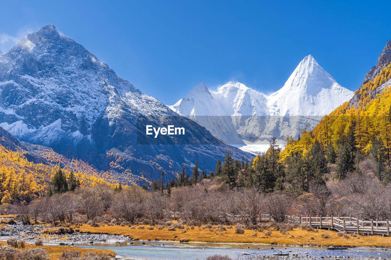 mountain, snow, scenics - nature, winter, wilderness, cold temperature, landscape, mountain range, environment, beauty in nature, snowcapped mountain, nature, sky, land, tree, valley, mountain peak, travel, travel destinations, plant, blue, no people, forest, tranquil scene, plateau, water, pine tree, lake, tranquility, pine woodland, coniferous tree, pinaceae, tourism, outdoors, ice, yellow, non-urban scene, day, autumn, clear sky, activity, ridge, idyllic, sunny