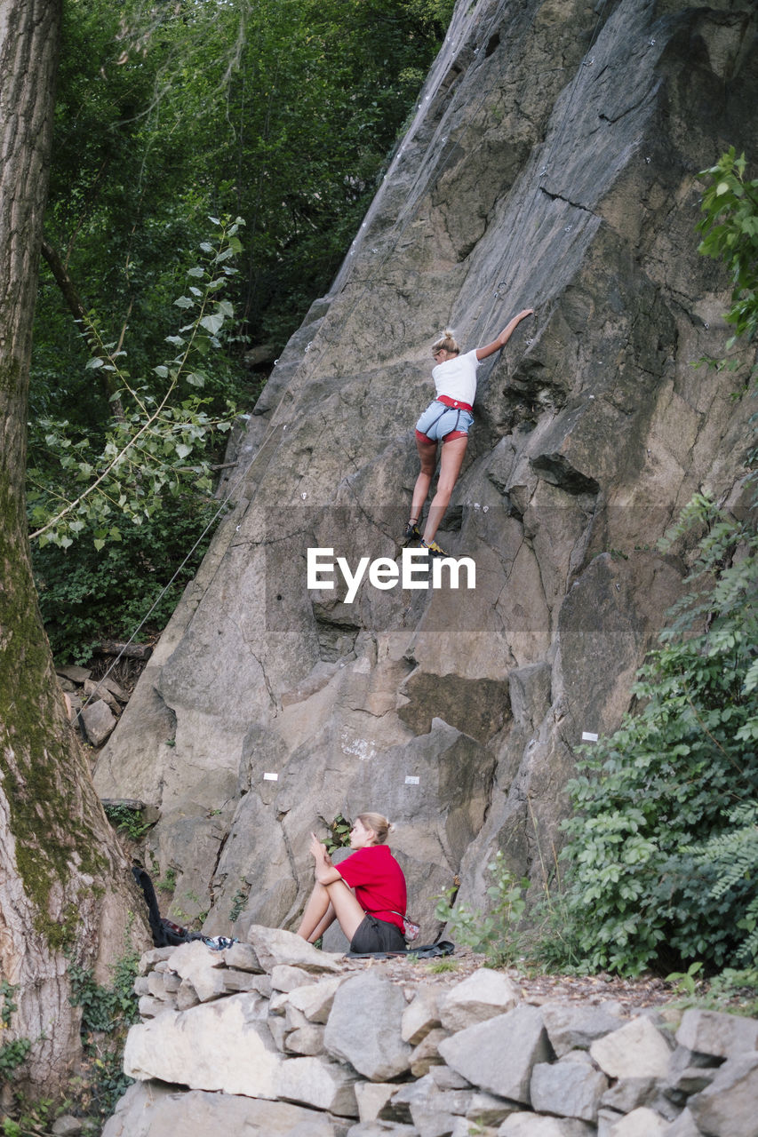 Low angle of women climbing rock in forest