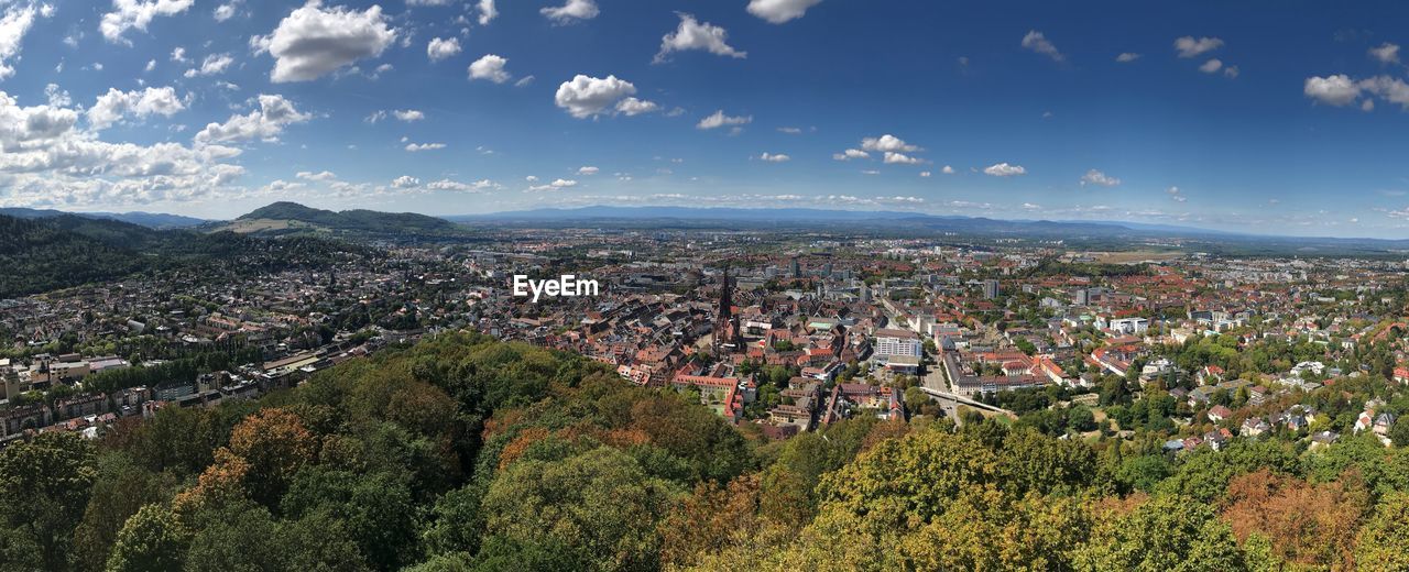 High angle shot of townscape against sky