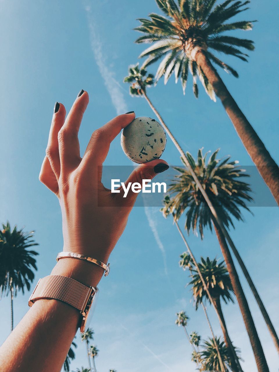 Low angle view of cropped woman hand holding macaroon against sky