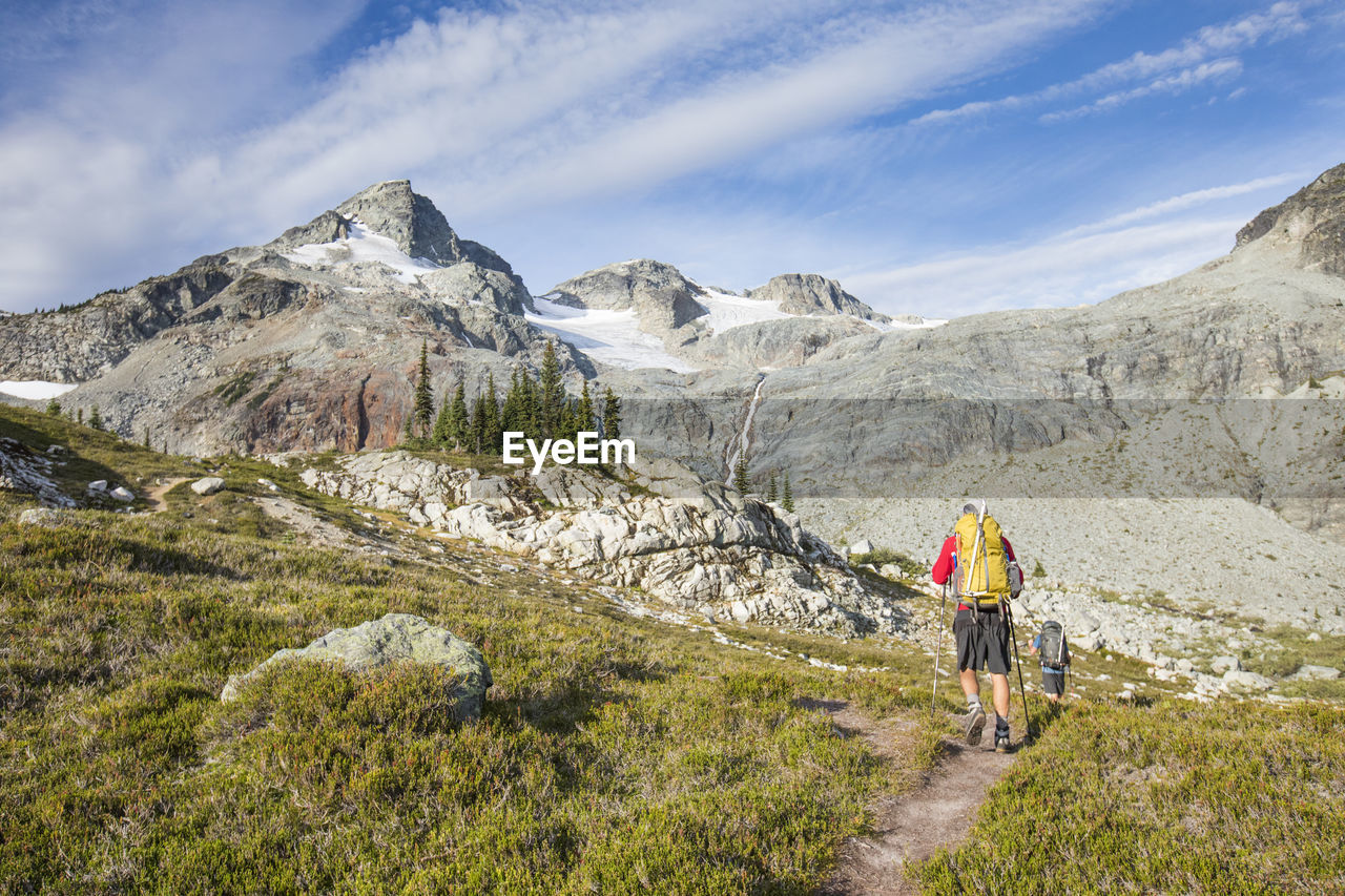 Rear view of backpackers approaching locomotive mountain.