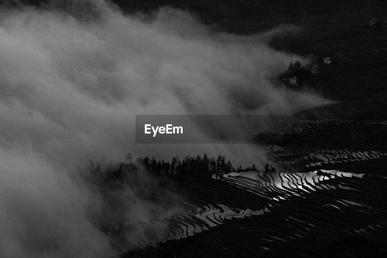 High angle view of land against sky