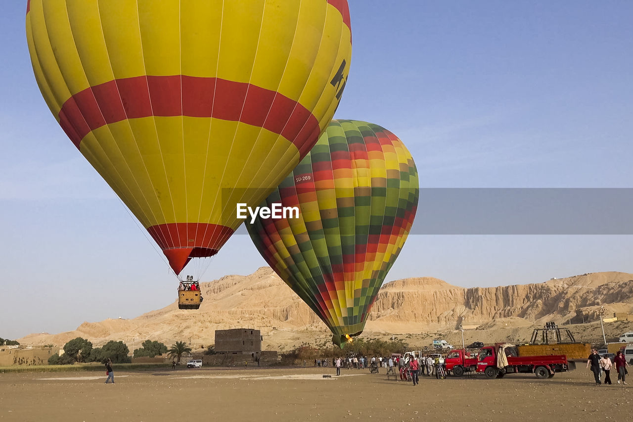 Close-up of hot air balloons flying in the sky