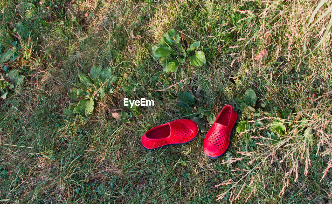 CLOSE-UP OF RED SHOES ON FIELD