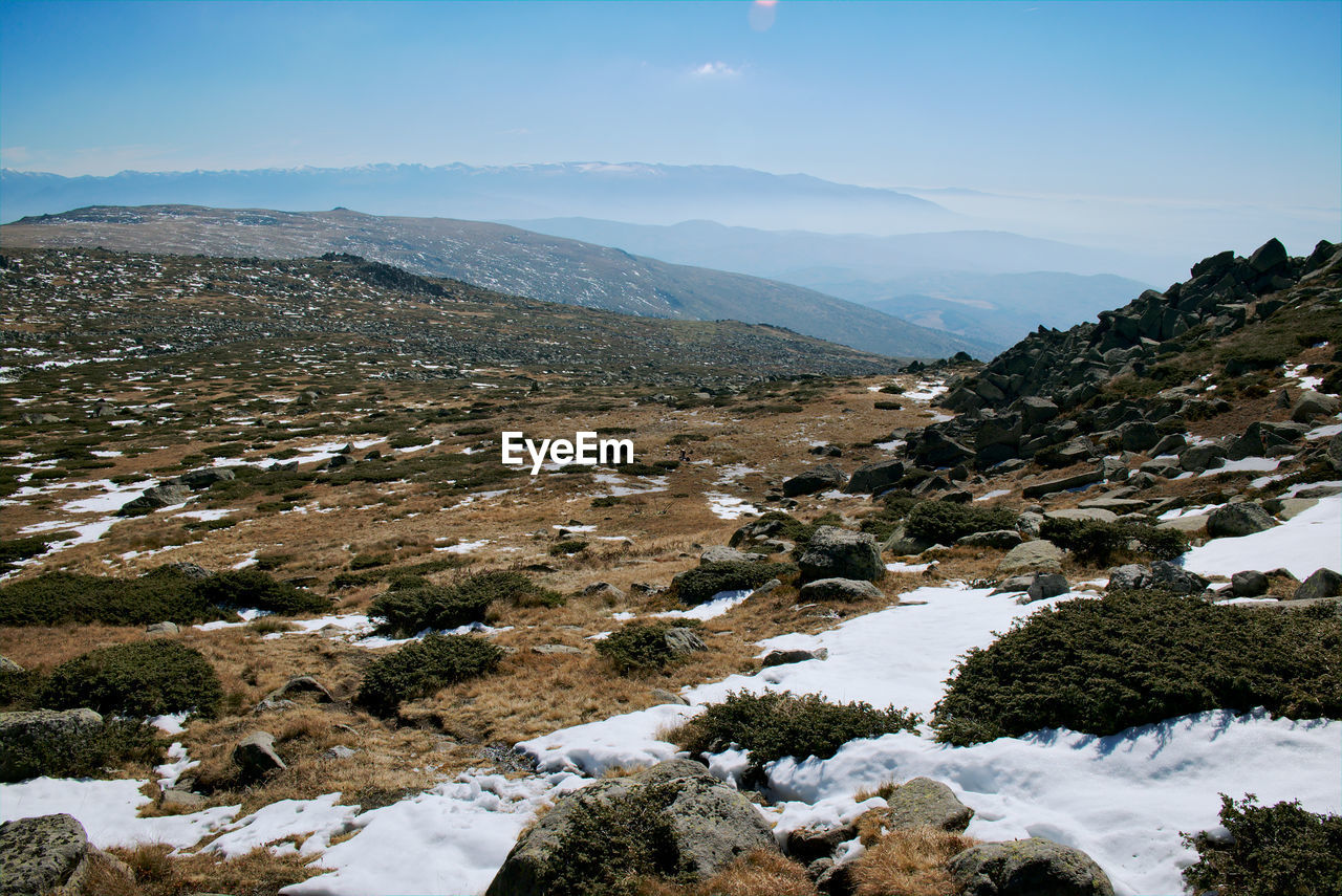 Scenic view of mountains against sky during winter