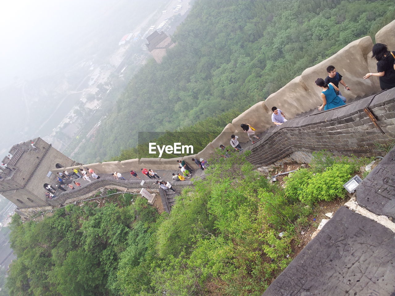 High angle view of people at great wall of china