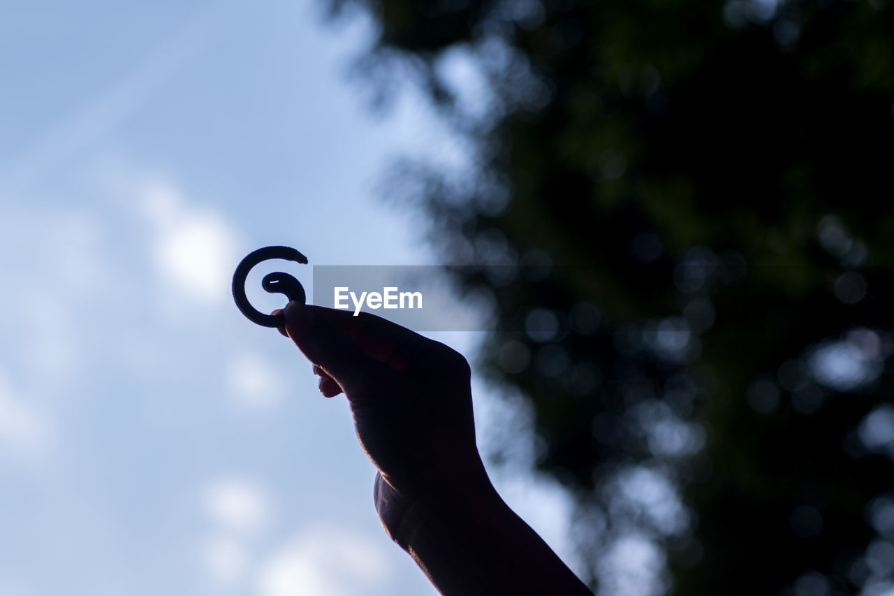 Low angle view of cropped hand holding mosquito coil against tree at dusk