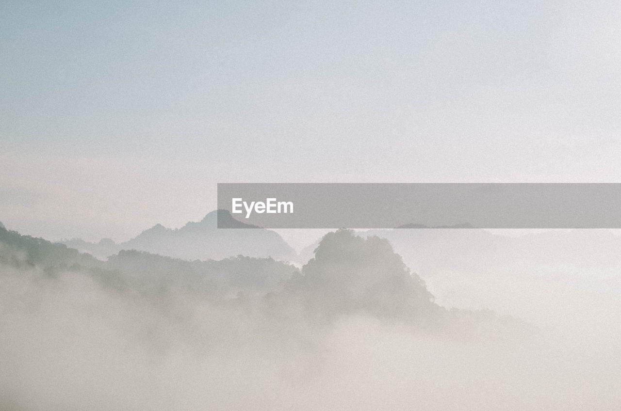 fog, mountain, environment, mist, scenics - nature, landscape, sky, haze, beauty in nature, nature, mountain range, morning, tranquility, no people, travel, cloud, land, outdoors, tranquil scene, horizon, idyllic, copy space, travel destinations, day, dawn, tree, non-urban scene, forest, mountain peak, tourism