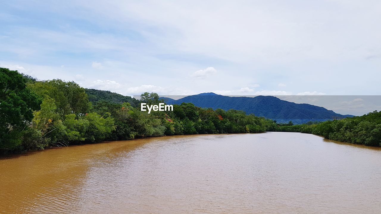 Scenic view of lake by trees against sky