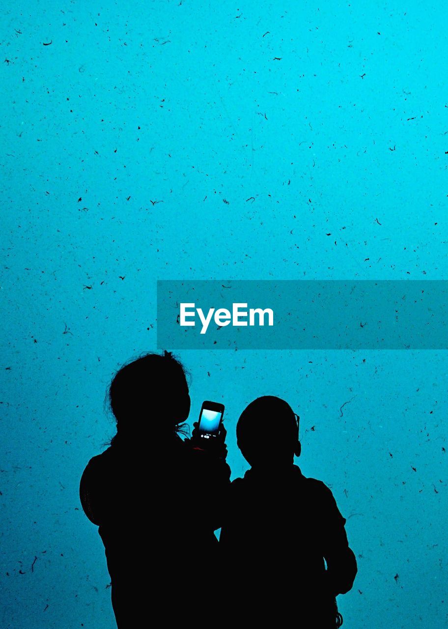 Silhouette friends photographing in aquarium