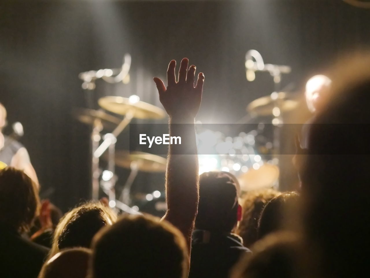 Rear view of crowd cheering during music concert