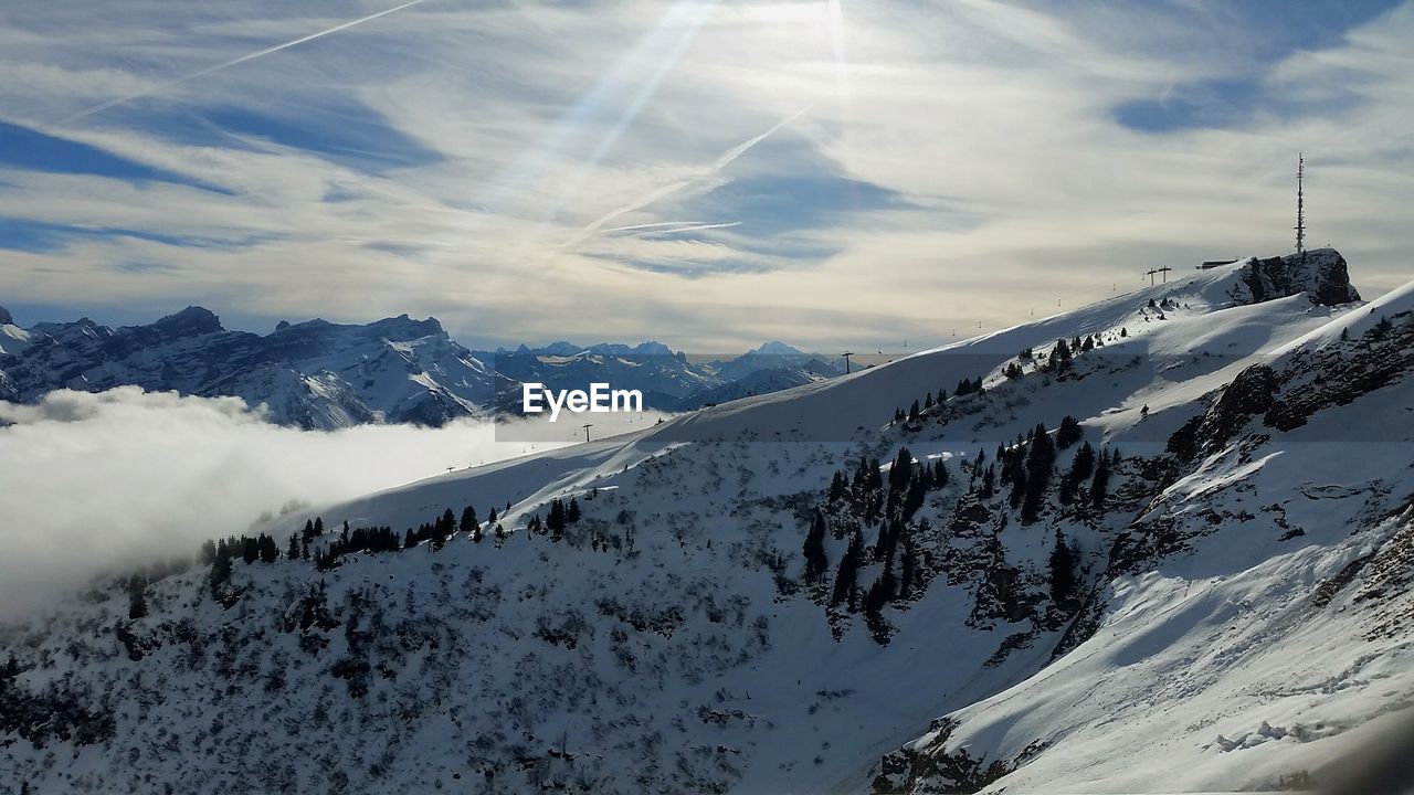 Scenic view of snow covered mountain against sky at villars-sur-ollon