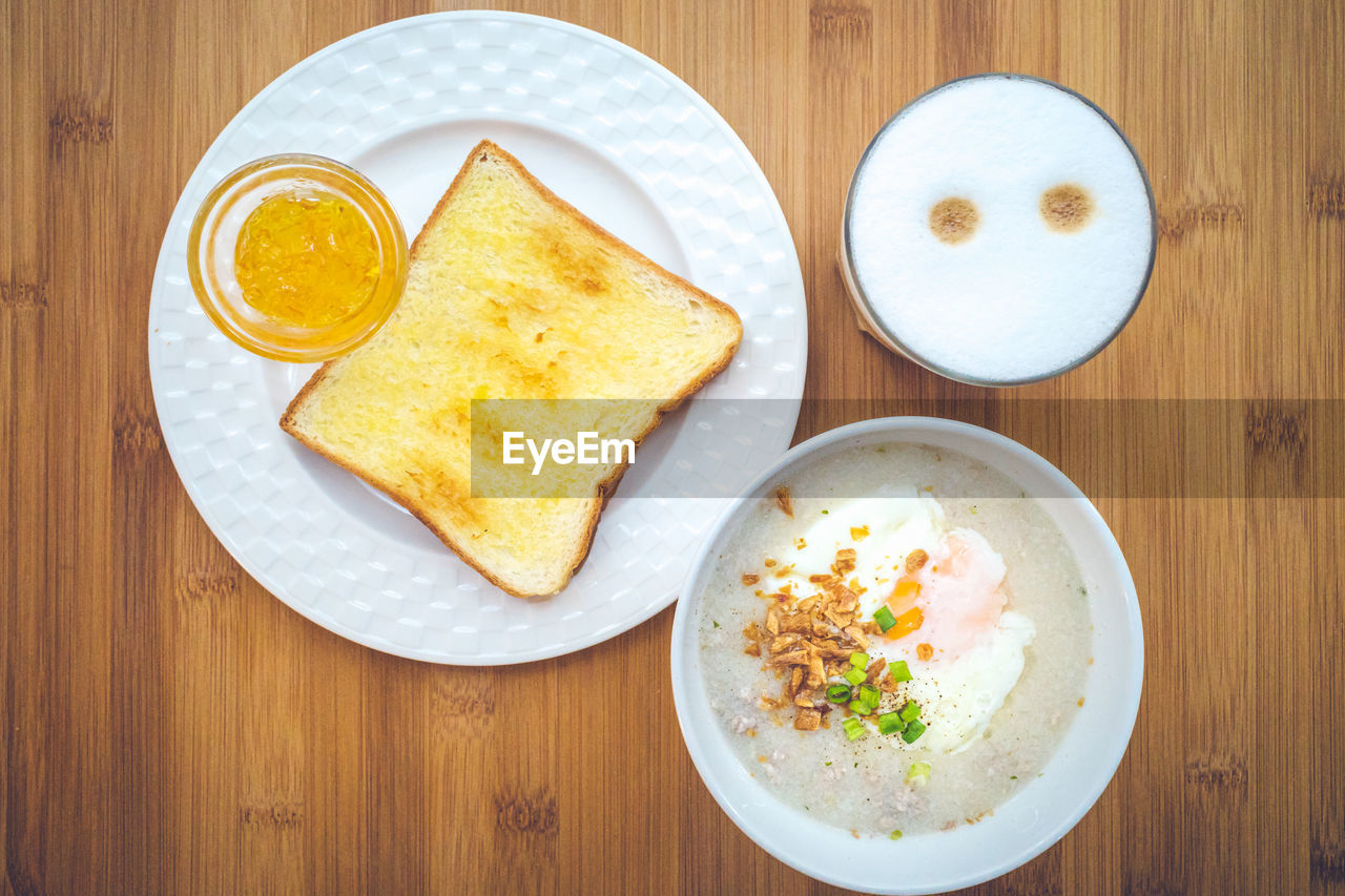 High angle view of breakfast served on table