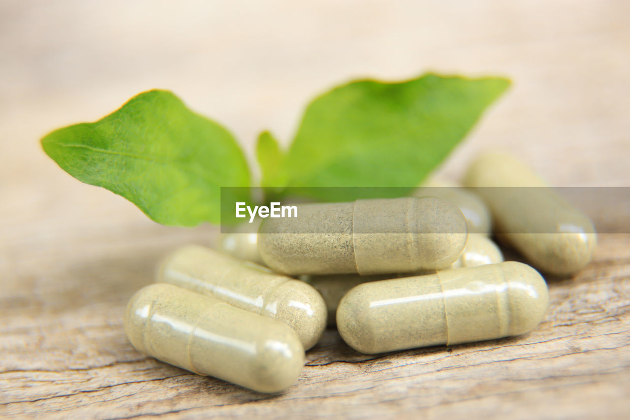 close-up of capsules on table