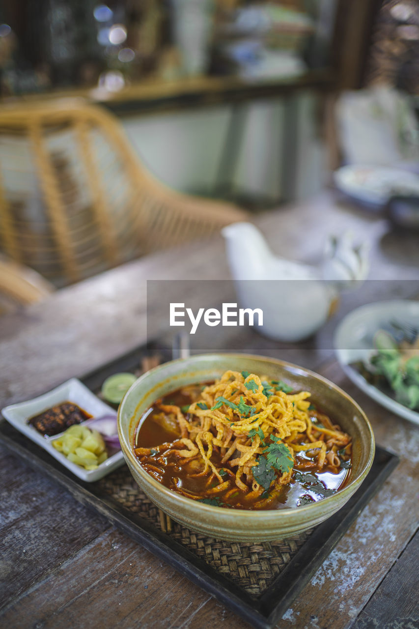 Close-up of food served on table