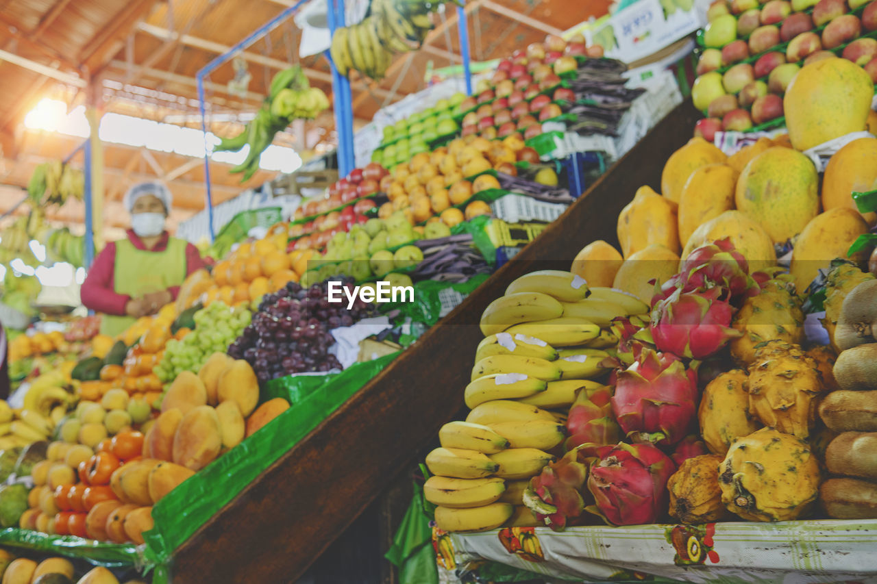 Fresh fruit and vegetable produce on sale in the central market, public market.