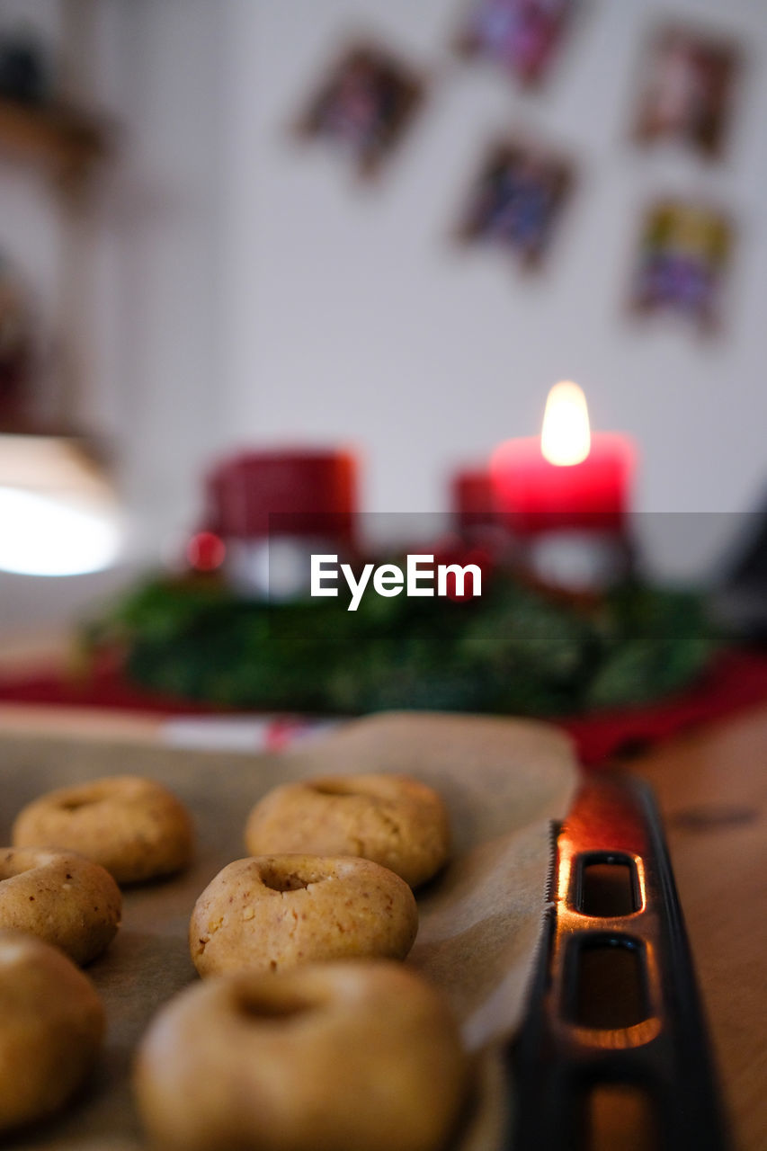 Close-up of christmas lights on table