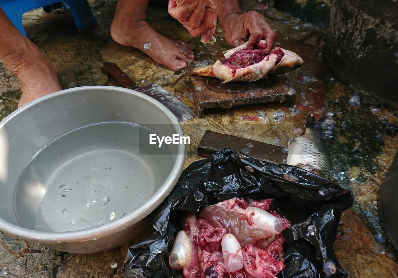 High angle view of meat in cooking pan