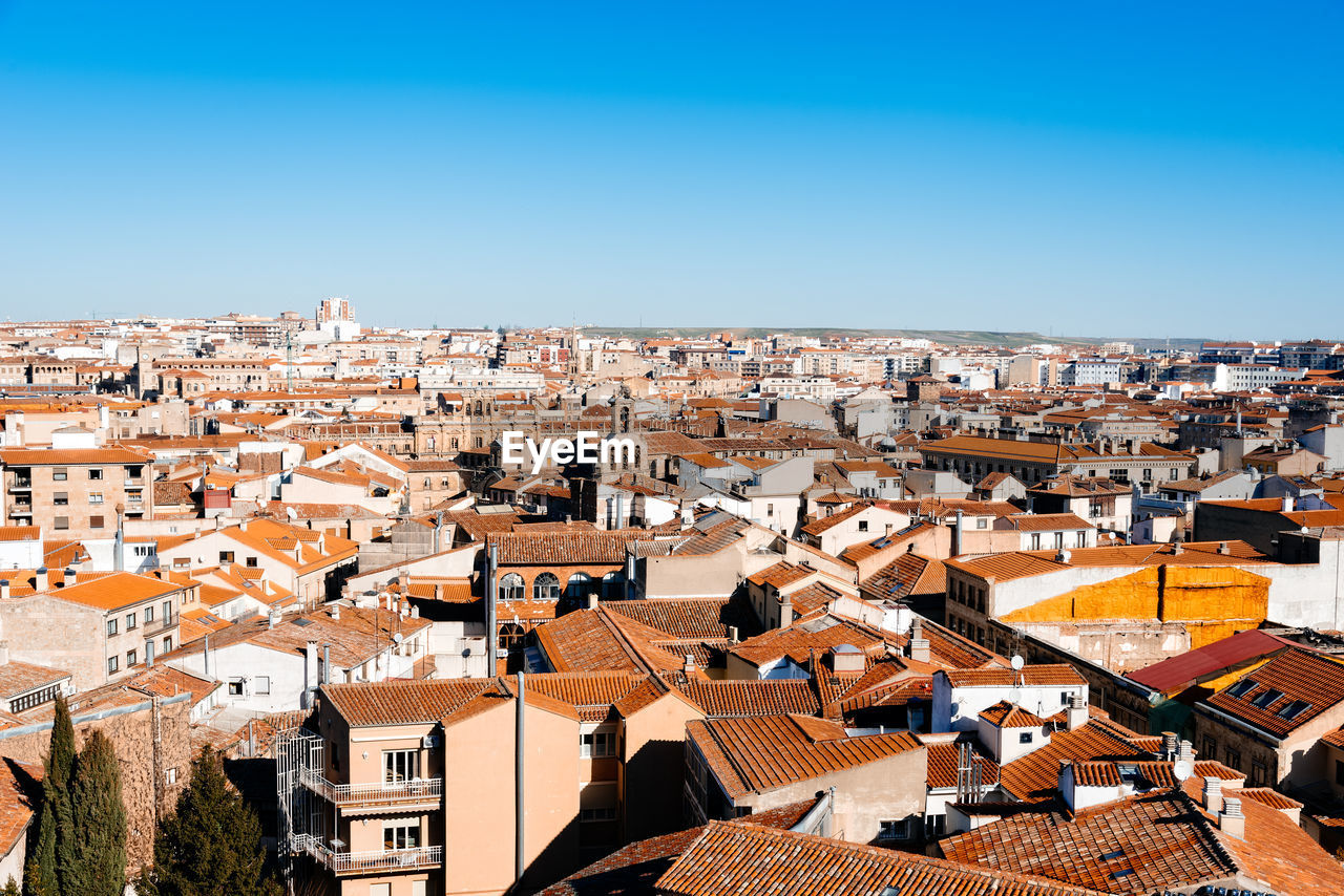 Aerial top panoramic view of historic centre of the medieval town of salamanca with old buildings 