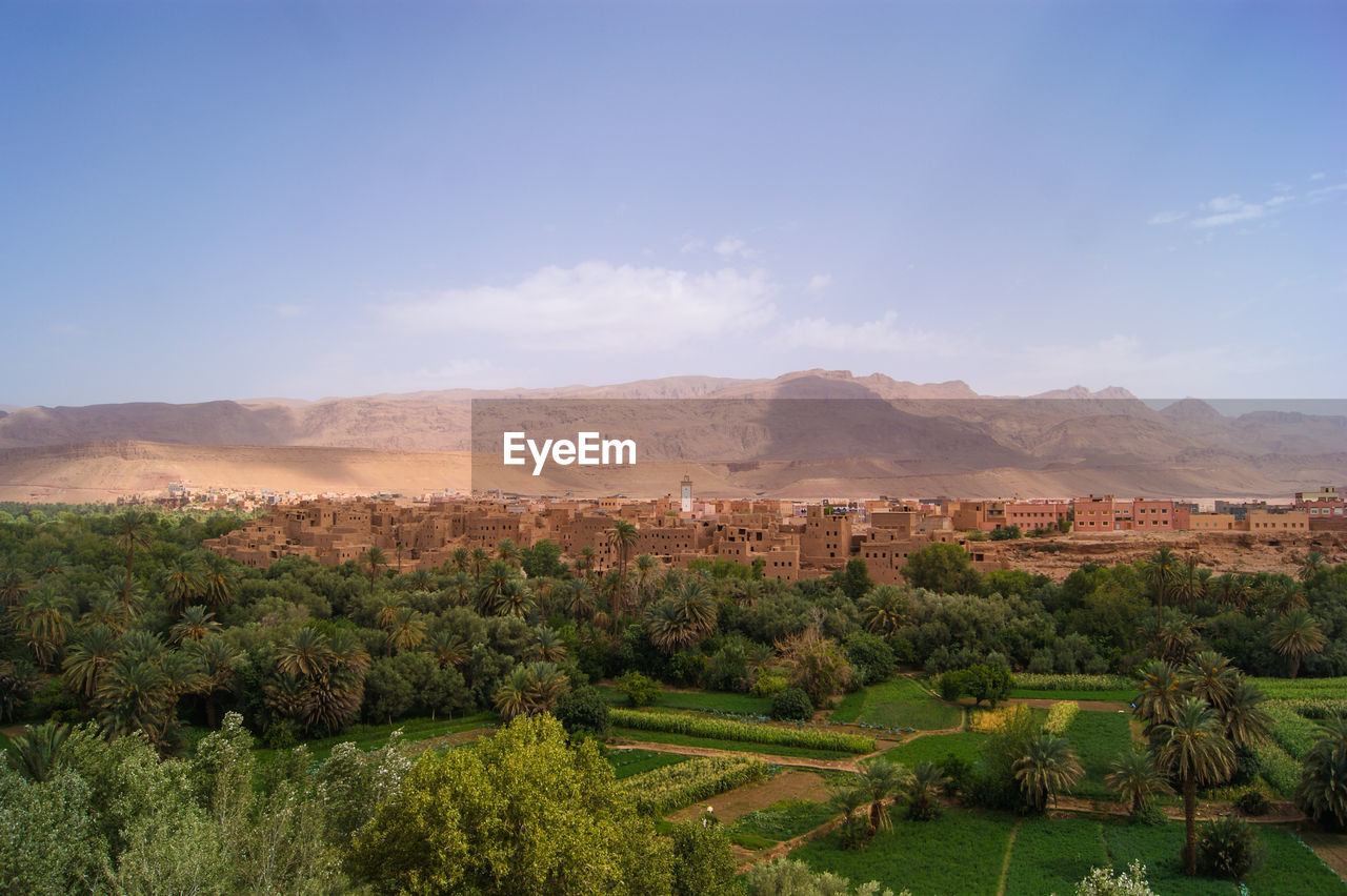 High angle view of park in old town against sky