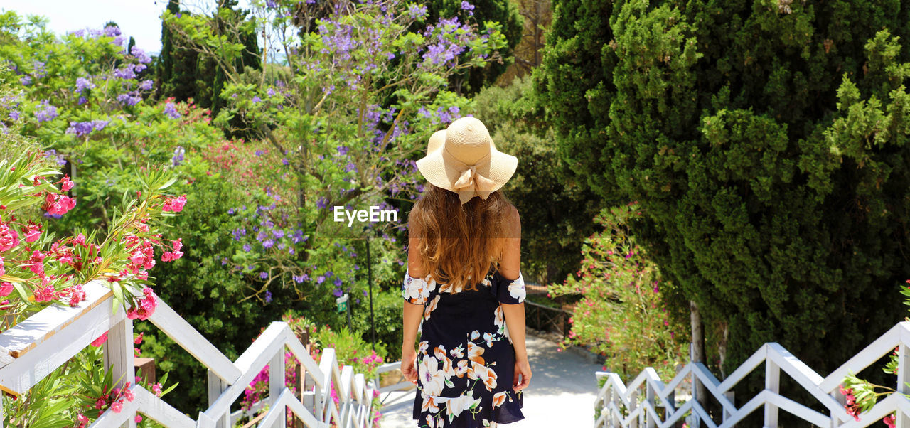 Rear view of woman standing by flowering plants