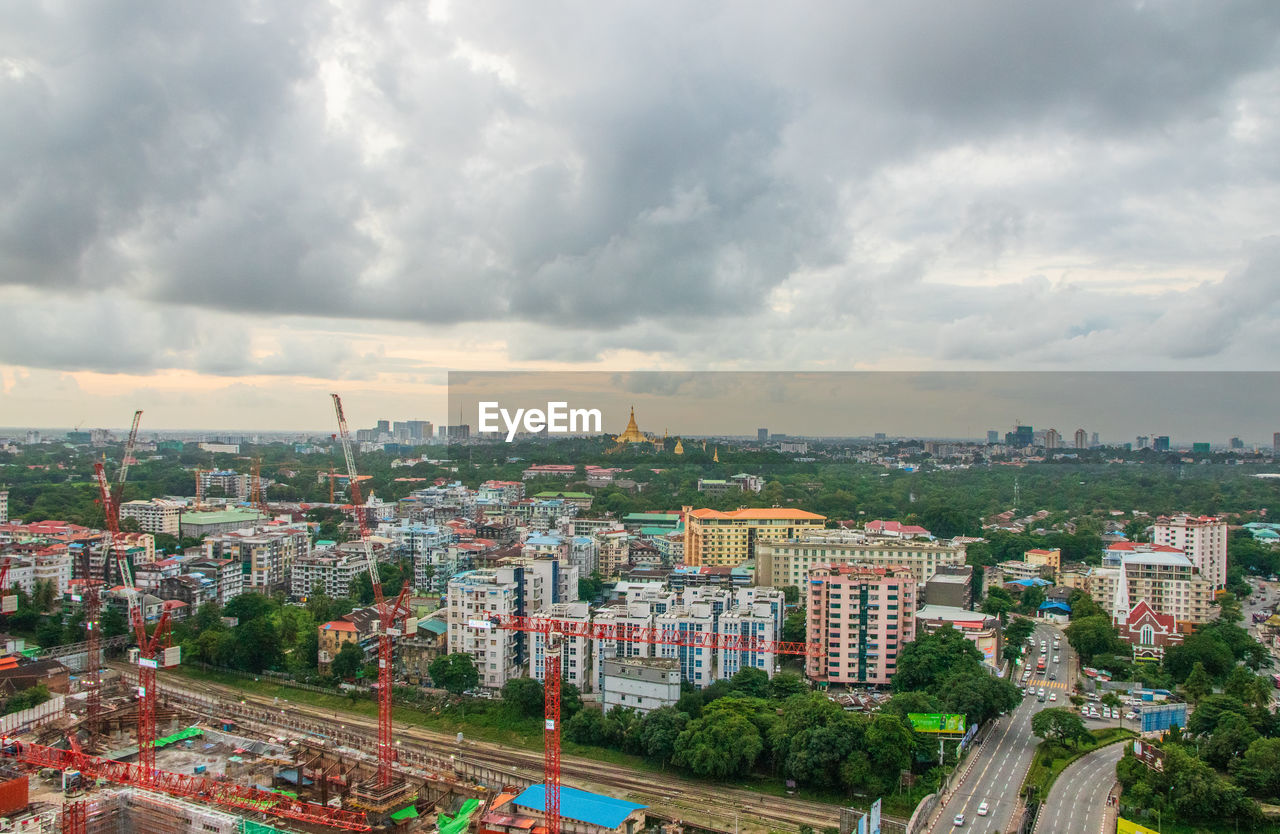 View to the shwedagon pagoda and the cityscape of yangon myanmar burma southeast asia